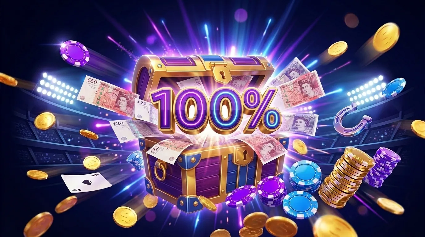 Kwiff casino welcome bonus 100 percent deposit match treasure chest artwork