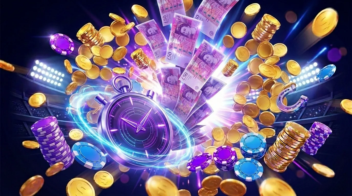 Kwiff casino fast withdrawal British pound notes stopwatch artwork